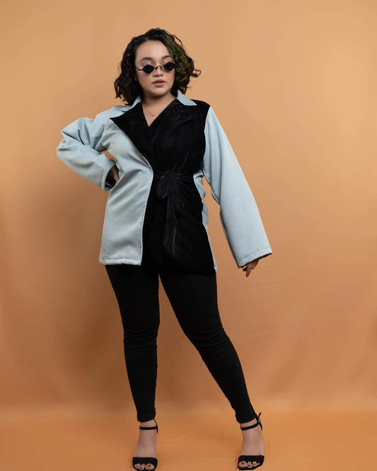 Black Velvet Contrast Kimono Patterned Blazer