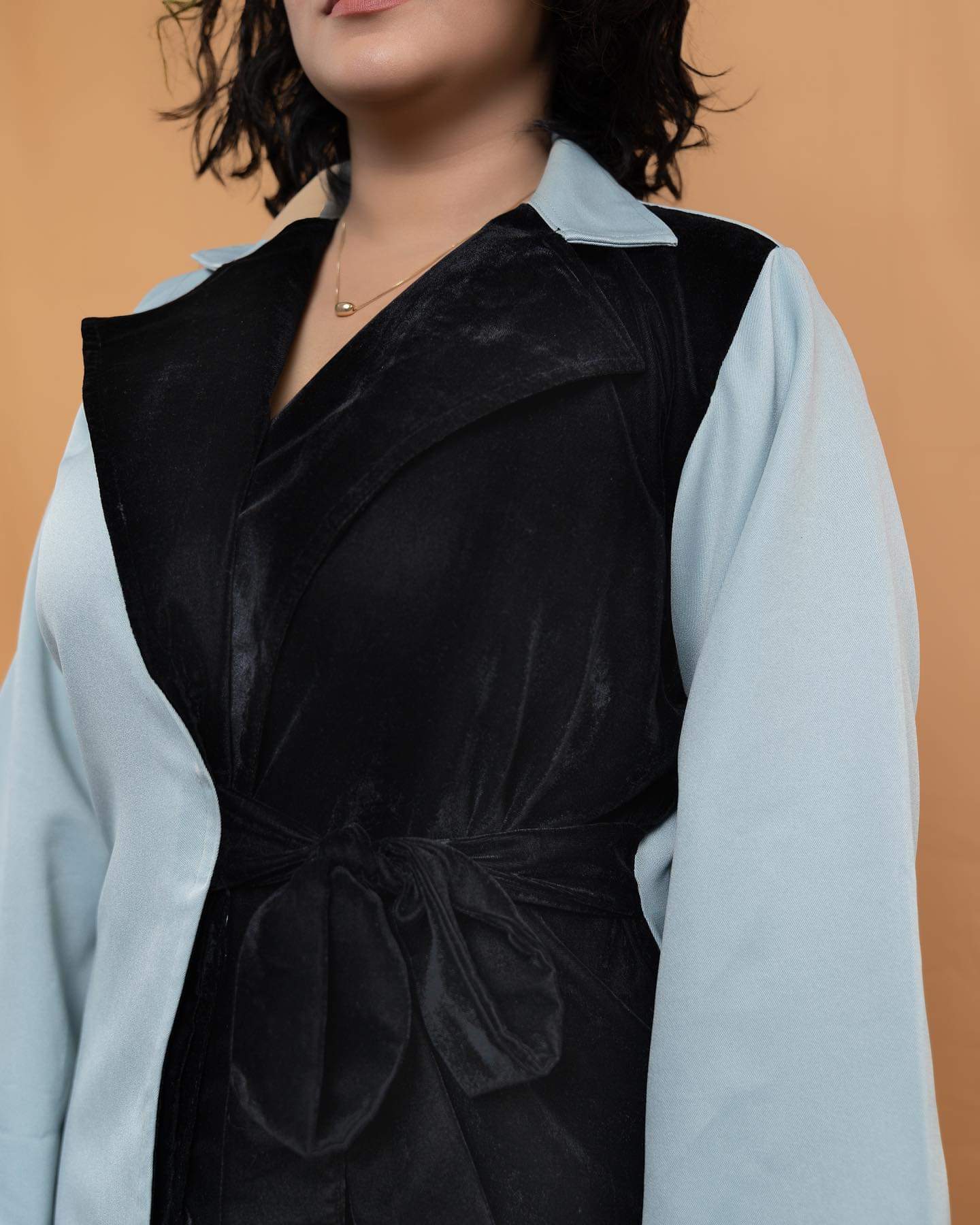 Black Velvet Contrast Kimono Patterned Blazer