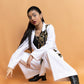 White and Katan contrast Kimono pattern Blazer